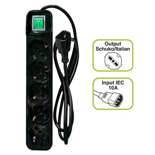 TECNOWARE FMP5IECIG MULTIPRESA PER UPS SPINA IEC/VDE CON 5P SCHUKO/ITA BIPASSO + INTERRUTTORE CAVO 1.5 MT NERO