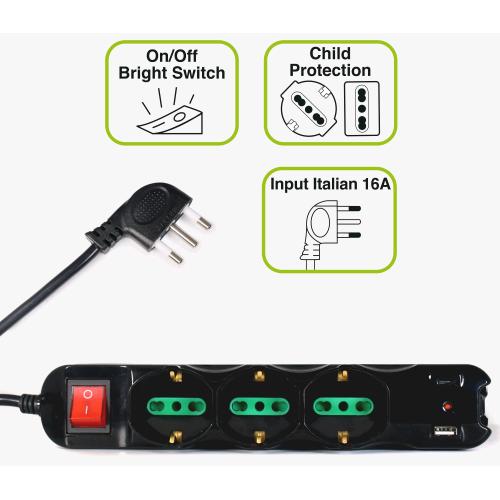 TECNOWARE FMP9IIGUSB MULTIPRESA 8 POSTI 3 x SCHUKO/ITA - BIPASSO + 6 ITA 10/16A 1 x USB-A 1 x USB-C PD QC3.0 CON INTERRUTTORE NERO