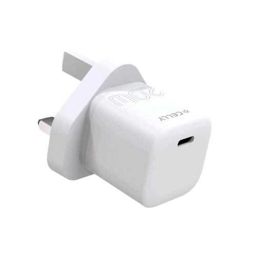 CELLY ULTRACOMPACT CARICABATTERIE DA RETE USB-C 20 W CON SPINA UK INGLESE BIANCO