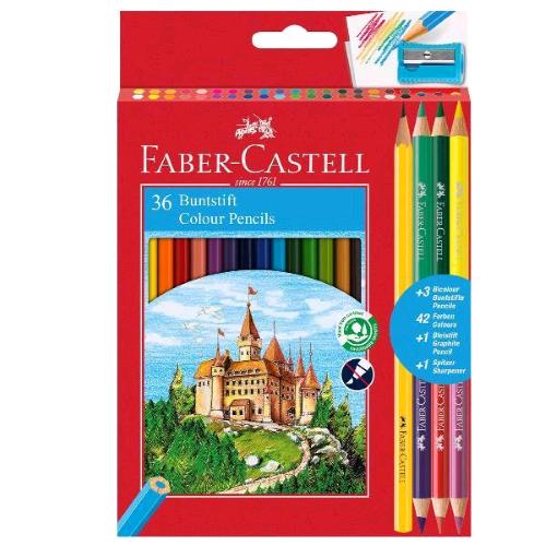FABER CASTELL ECO SET CON 36 PASTELLI FUSTO ESAGONALE 3 PASTELLI BICOLORE 1 MATITA IN GRAFITE 1 TEMPERINO COLORI ASSORTITI 