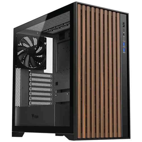 ITEK WOODY CASE GAMING TOWER ATX PANNELLO FONTALE TRAFORATO IN LEGNO PANNELLO LATERALE IN VETRO TEMPERATO SENZA VITI 3 x 12CM BLACK FAN 2 x USB3 TYPE-C MARRONE NERO
