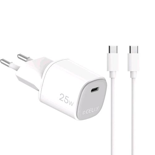 CELLY UPTC CARICABATTERIE DA RETE GaN 25 W 1 PORTA USB-C + CAVO USB-C MASCHIO-MASCHIO INCLUSO BIANCO