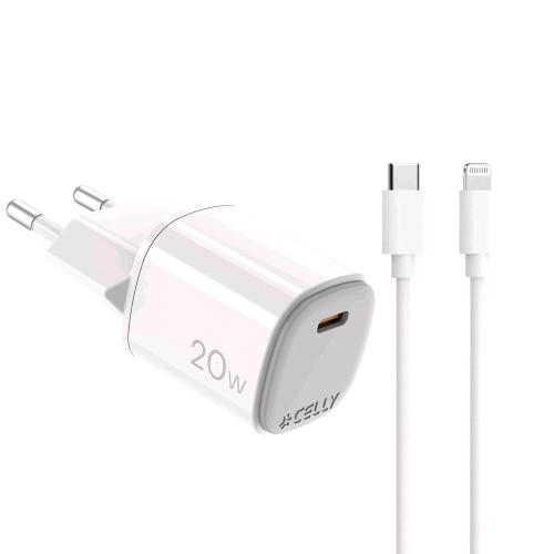 CELLY UPTC CARICABATTERIE DA RETE GAN 20 W 1 PORTA USB-C + CAVO DA USB-C A LIGHTNING MASCHIO-MASCHIO INCLUSO BIANCO