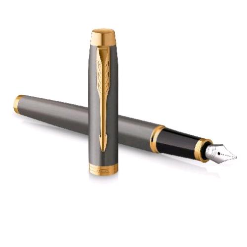 PARKER IM PENNA STILOGRAFICA PUNTA F FUSTO LACCATO GRIGIO PUNTALE DORATO INCHIOSTRO BLU CONFEZIONE REGALO