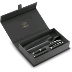 PARKER GIFT SET DUO PENNA A SFERA PUNTA M E PENNA STILOGRAFICA FUSTO LACCATO NER FINITURE CROMATE INCHIOSTRO BLU CONFEZIONE REGALO
