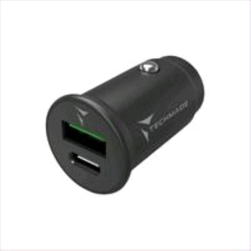 TECHMADE CARICABATTERIE DA AUTO RAPIDO GaN FASTCHARGER 30 W 2 USCITE USB-C + USB-A NERO