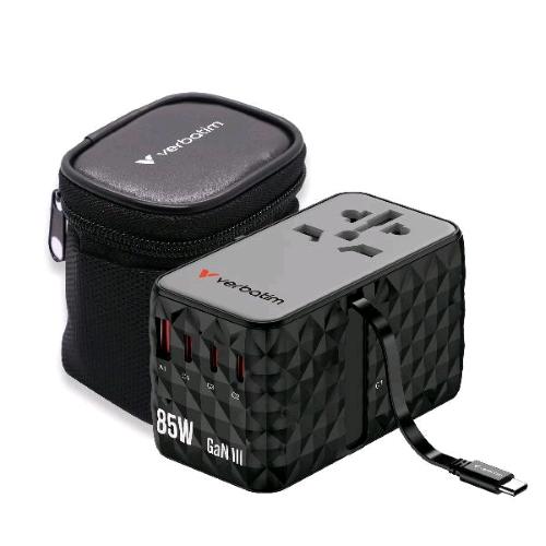 VERBATIM UNIVERSAL TRAVEL ADAPTER ADATTATORE UNIVERSALE DA VIAGGIO GaN III 85W CON CAVO USB-C INCORPORATO PER TUTTI I PAESI DEL MONDO NERO
