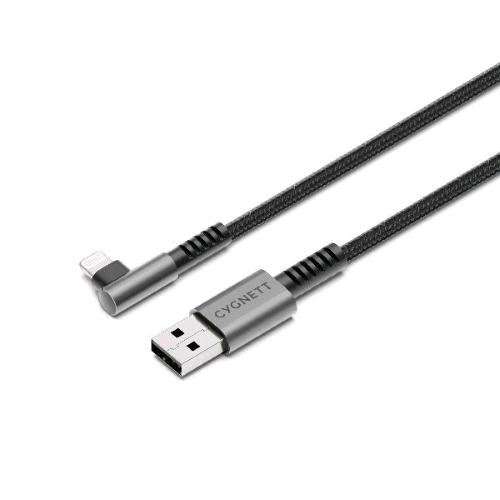 CYGNETT CAVO ANGOLATO INTRECCIATO DA USB-A A LIGHTNING ANGOLO RETTO MASCHIO-MASCHIO SUPPORTA RICARICA FINO A 12 W 1 MT NERO