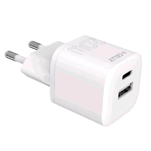 CELLY PRO POWER CARICABATTERIE DA RETE 2 USCITE PD 20 + 18 W - 1 x USB-A 1 x USB-C BIANCO