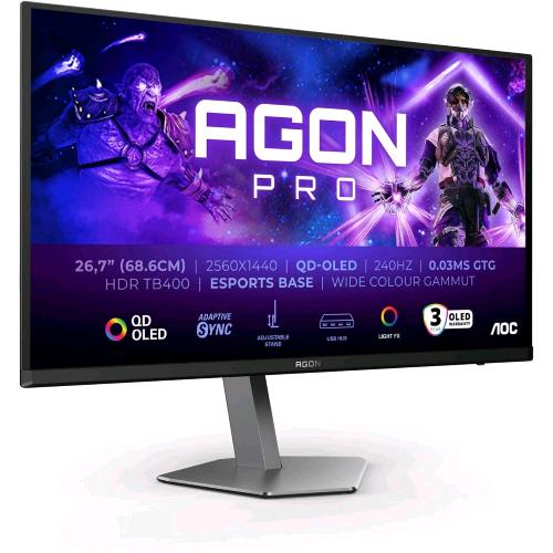 AOC AGON PRO AG276QZD2 GAMING 26.7" QD-OLED QUAD HD 2560 x 1440 16:9 250 CD/mq 0.03ms 240Hz DisplayHDR 400 True Black ALTOPARLANTI HUB USB 2x HDMI 1 x DISPLAYPORT GRIGIO SCURO  