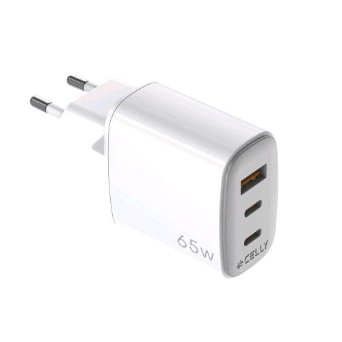 CELLY CARICABATTERIE DA RETE GaN 65 W - 2 x USB-C 1 x USB-A BIANCO