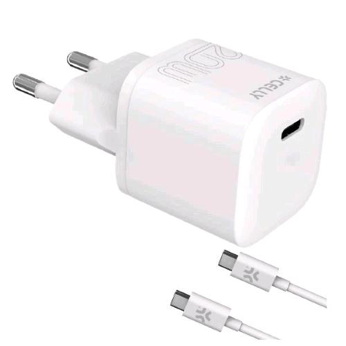 CELLY ULTRA COMPACT WALL CHARGER CARICABATTERIE DA RETE USB-C 20 W CON CAVO USB-C MASCHIO-MASCHIO INCLUSO BIANCO