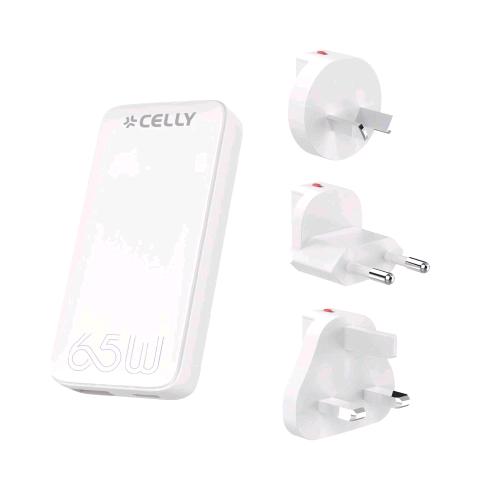 CELLY UNIVERSAL WALL CHARGER MULTIPLUG CARICABATTERIE DA RETE GaN 65W INTERNAZIONALE CON ADATTATORI PER TUTTI I PAESI DEL MONDO 1 x USB-A- 1 x USB-C EU/UK/AUS/US BIANCO