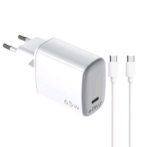 CELLY WALL CHARGER CARICABATTERIE DA RETE GaN 65 W 1 USCITA USB-C + CAVO USB-C MASCHIO-MASCHIO 2 MT BIANCO