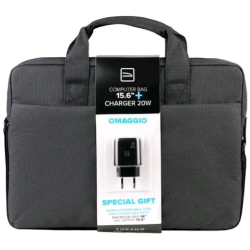 TUCANO KIT BORSA PER NOTEBOOK DA 15.6" TASCA FRONTALE CON TRACOLLA + ALIMENTATORE 20W USB/USBC NERO