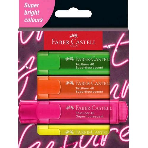 FABER CASTELL TEXTLINER 46 NEON EVIDENZIATORE PUNTA A SCALPELLO 1/5 mm COLORI ASSORTITI CONF 4 Pz.