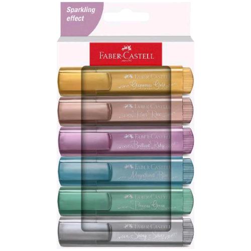 FABER CASTELL TEXTLINER 46 METALLIC EVIDENZIATORE PUNTA A SCALPELLO 1/5 mm COLORI ASSORTITI CONF 6 Pz.