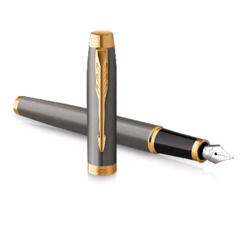 PARKER IM PENNA STILOGRAFICA PENNINO DORATO PUNTA M FUSTO LACCATO GRIGIO INCHIOSTRO BLU CONFEZIONE REGALO