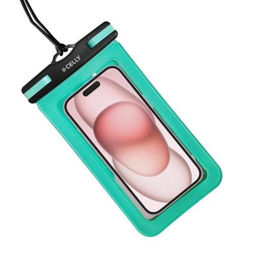 CELLY SPLASHBAG CUSTODIA IMPERMEABILE PER SMARTPHONE FINO A 7" IN MORBIDO TPU NON LASCIA PASSARE L'ACQUA LACCETTO NERO DA COLLO INCLUSO VERDE TIFFANY