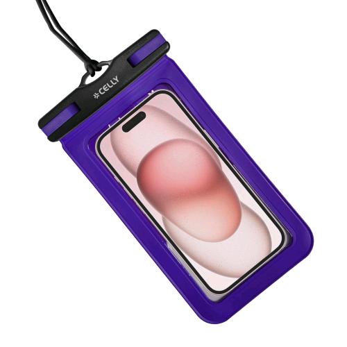 CELLY SPLASHBAG CUSTODIA IMPERMEABILE PER SMARTPHONE FINO A 7" IN MORBIDO TPU NON LASCIA PASSARE L'ACQUA LACCETTO NERO DA COLLO INCLUSO VIOLA