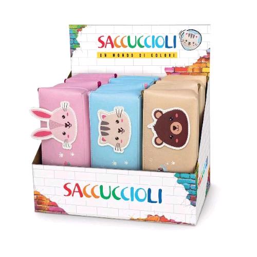 LEBEZ CUTE PETS ESPOSITORE ASTUCCIO POCHETTE 21X9X305 CM IN PU CON CERNIERA E APPLICAZIONI IN RILIEVO SOGGETTI ASSORTITI CONF 12 Pz.