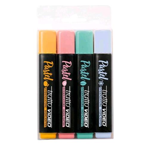 TRATTO VIDEO PASTEL COCKTAIL EVIDENZIATORE PUNTA A SCALPELLO 1/5 mm COLORI ASSORTITI CONF 4 Pz.