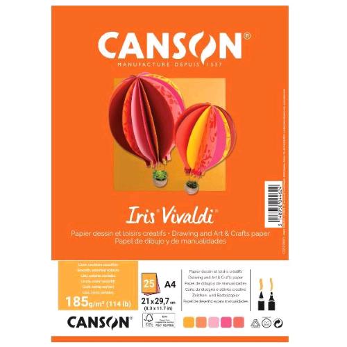 CANSON VIVALDI FUOCO CARTA COLORATA 185 GR 210X297 mm COLORI ASSORTITI CONF 25 FOGLI 