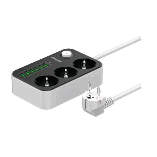 ENERGIZER MULTIPRESA 3 SCHUKO + 6 PRESE USB PROTEZIONE CONTRO LE SOVRATENSIONI INTERRUTTORE CAVO 2 MT SPINA SCHUKO BIANCO NERO