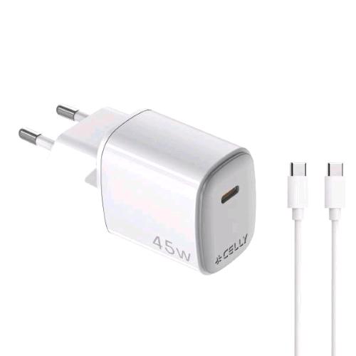 CELLY UP CARICABATTERIE DA RETE GaN 45 W USB-C + CAVO DI RICARICA USB-C MASCHIO/MASCHIO 2 MT BIANCO