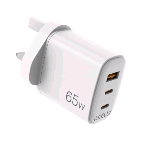 CELLY UP CARICABATTERIE DA RETE GaN CON SPINA INGLESE 65 W 1 x USB-A - 2 x USB-C BIANCO