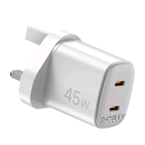 CELLY UP CARICABATTERIE DA RETE GaN CON SPINA INGLESE 45 W 2 x USB-C BIANCO