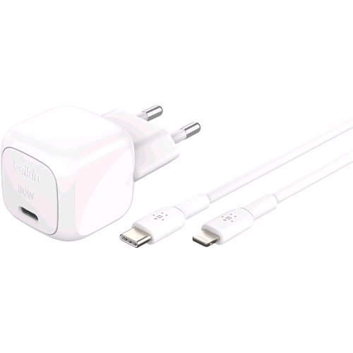 BELKIN BOOSTCHARGE CARICABATTERIE DA RETE COMPATTO 30 W USB-C CON CAVO USB-C - LIGHTNING 1 MT BIANCO