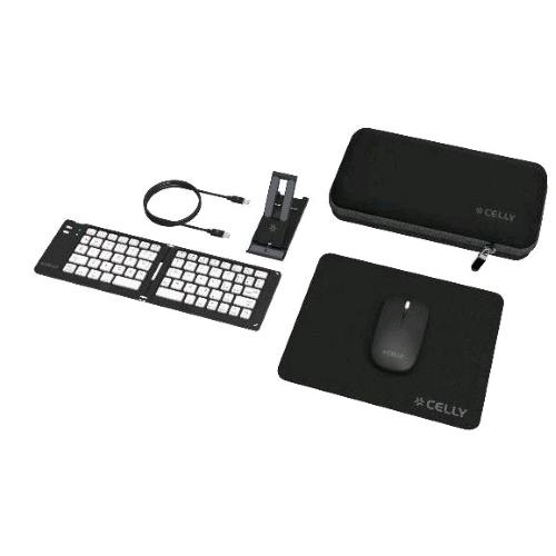 CELLY TRAVEL KIT VIAGGIO PER LAVORARE IN MOBILITA' TASTIERA WIRELESS PIEGHEVOLE MOUSE WIRELESS MOUSEPAD CAVO USB-C SUPPORTO PER SMARTPHONE CUSTODIA NERO