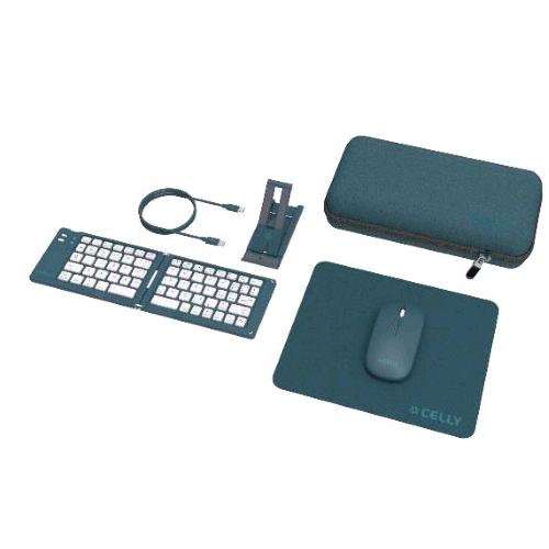 CELLY TRAVEL KIT VIAGGIO PER LAVORARE IN MOBILITA' TASTIERA WIRELESS PIEGHEVOLE MOUSE WIRELESS MOUSEPAD CAVO USB-C SUPPORTO PER SMARTPHONE CUSTODIA BLUE