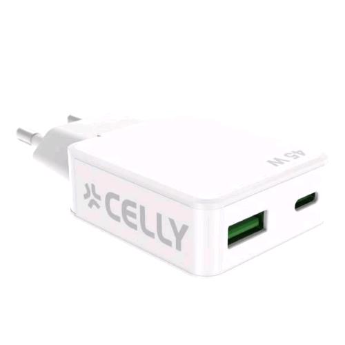 CELLY SLIMTC CARICABATTERIE DA RETE GaN SLIM SPESSORE SOLO 1cm ULTRACOMPATTO 45 W 1 PORTA USB-A 1 PORTA USB-C BIANCO