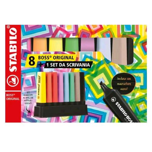 STABILO BOSS ORIGINAL SET DA SCRIVANIA EVIDENZIATORE PUNTA A SCALPELLO 2/5 mm COLORI ASSORTITI CONF 8 Pz. 