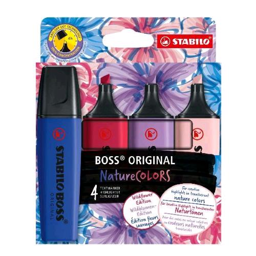 STABILO BOSS WILDFLOWER EVIDENZIATORE PUNTA A SCALPELLO 2/5 mm COLORI ASSORTITI CONF 4 Pz.