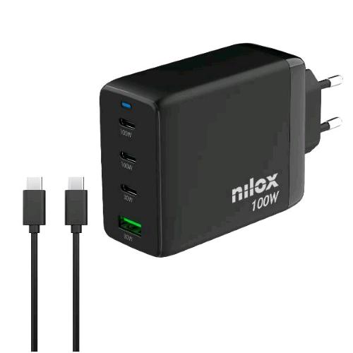 NILOX CARICABATTERIE DA RETE GaN 100 W 4 PORTE 3 x USB-C 1 x USB-A + CAVO USB-C 2 METRI INCLUSO NELLA CONFEZIONE NERO