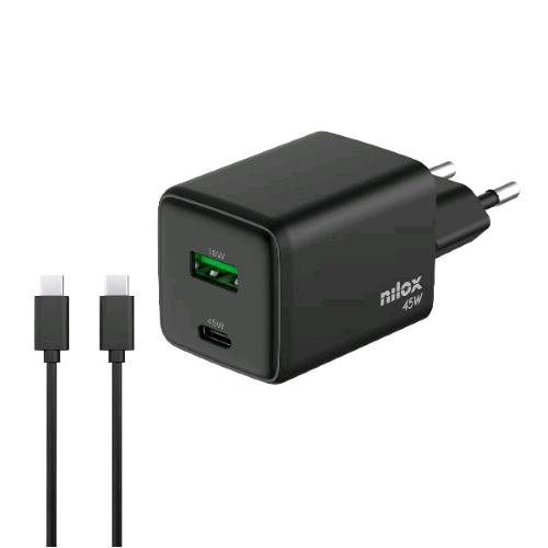 NILOX CARICABATTERIE DA RETE GaN 45 W 2 PORTE 1 x USB-C 1 x USB-A + CAVO USB-C 2 METRI INCLUSO NELLA CONFEZIONE NERO