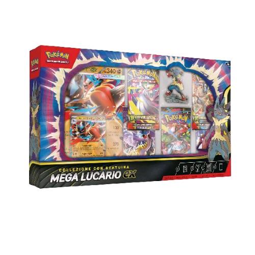 POKEMON MEGA LUCARIO EX COLLEZIONE CON STATUINA CARTA OLOGRAFICA CARTA PROMOZIONALE E 5 BUSTE DI ESPANSIONE