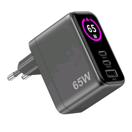 CELLY CARICABATTERIE DA RETE GaN 65W CON DISPLAY INTEGRATO PER MONITORARE LA POTENZA 2 x USB-C 1 x USB-A NERO
