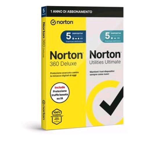 NORTON 360 DELUXE 2026 + ULTIMATE UTILITIES ANTITRUFFA 5 DISPOSITIVI 50GB BACKUP 12 MESI BOX