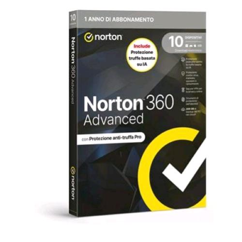 NORTON 360 ADVANCED 2026 ANTITRUFFA 10 DISPOSITIVI 200GB BACKUP 12 MESI BOX