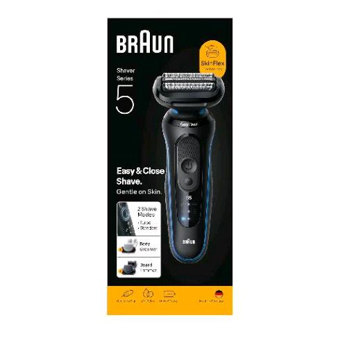 BRAUN 52-B1650S RASOIO ELETTRICO RICARICABILE SERIE 5 WET DRY 3 LAME FLESSIBILI 2 MODALITA' DI RASATURA NERO BLU
