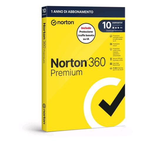 NORTON 360 PREMIUM 2026 ANTITRUFFA 10 DISPOSITIVI 75GB BACKUP 12 MESI BOX