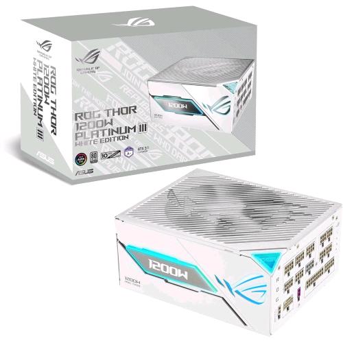 ASUS ROG THOR 1200W PLATINUM III WHITE EDITION ALIMENTATORE 1.200 W 80 PLUS PLAITNUM E CYBENETICS MODULARE GAN MOSFET DISPLAY OLED E AURA SYNC RGB PCIe 5.1 ATX 3.1 BIANCO