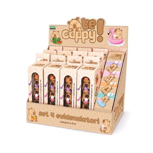 LEBEZ CAPIBARA ESPOSITORE SET DA 4 MINI EVIDENZIATORI PUNTA A SCALPELLO 14/5 mm COLORI PASTELLO ASSORTITI CONF 12 Pz.