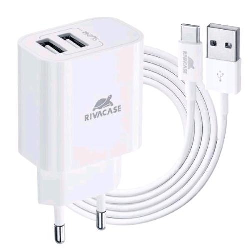 RIVACASE CARICABATTERIE DA RETE 12 W 2.4A - 2 x USB-A + CAVO DI RICARICA DA USB-A A USB-C 1 MT INCLUSO NELLA CONFEZIONE BIANCO