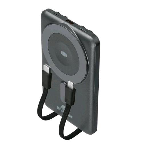 RIVACASE POWER BANK 5.000mAh Magsafe Qi 15W + APPLE WATCH CHARGER + CAVI INTEGRATI GRIGIO
