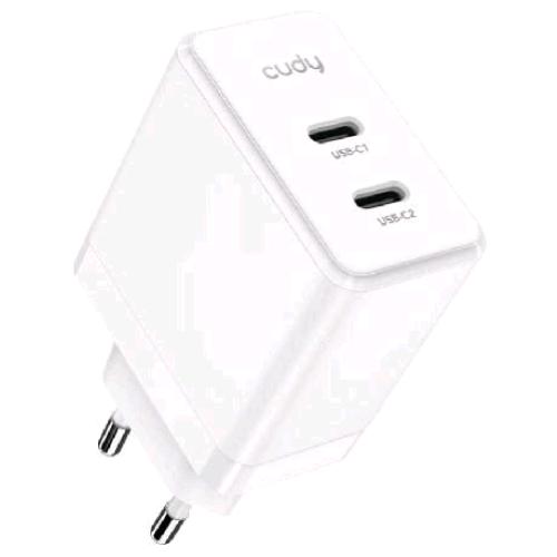 CUDY CH40_EU CHARGER CARICABATTERIE DA RETE GaN 40 W 2 x USB-C MAX 20 W PER PORTA BIANCO